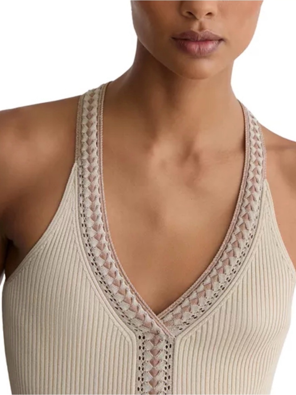 Reiss Cream Ribbed V-Neck Tank with Trim - Picture 4 of 4